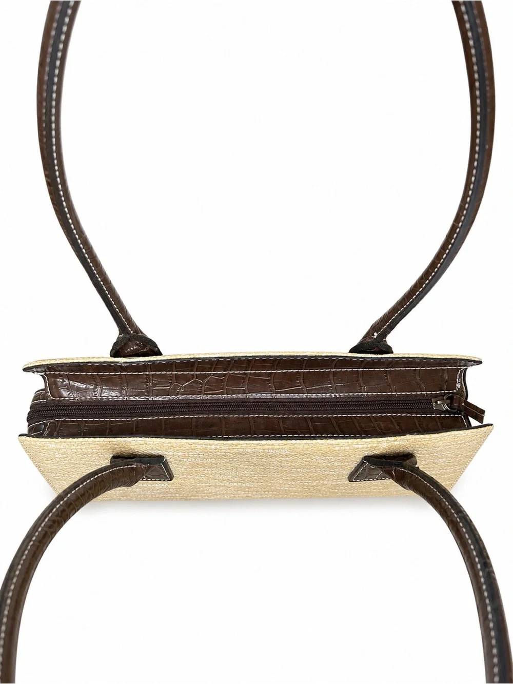 Tommy Hilfiger Straw Tote Brown Croc Embossed Leather Trim Shoulder Bag - Picture 4 of 12